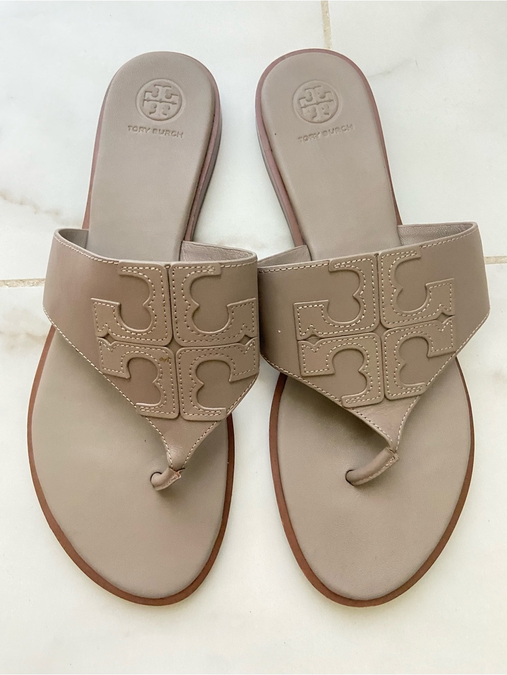 Tory Burch Beige Leather Logo Thong Sandals